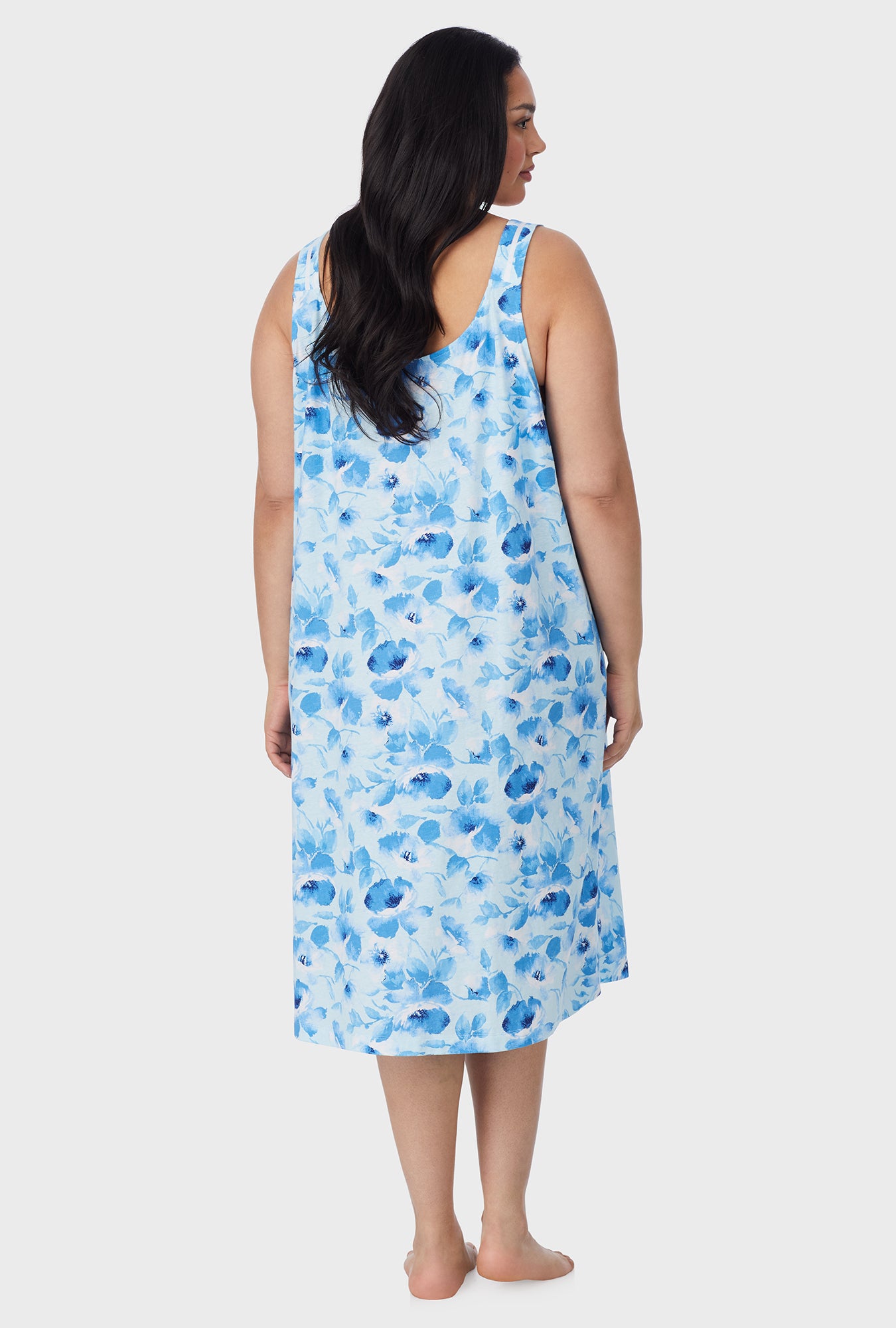 A lady wearing Blue Poppy Cotton Waltz Plus size Nightgown