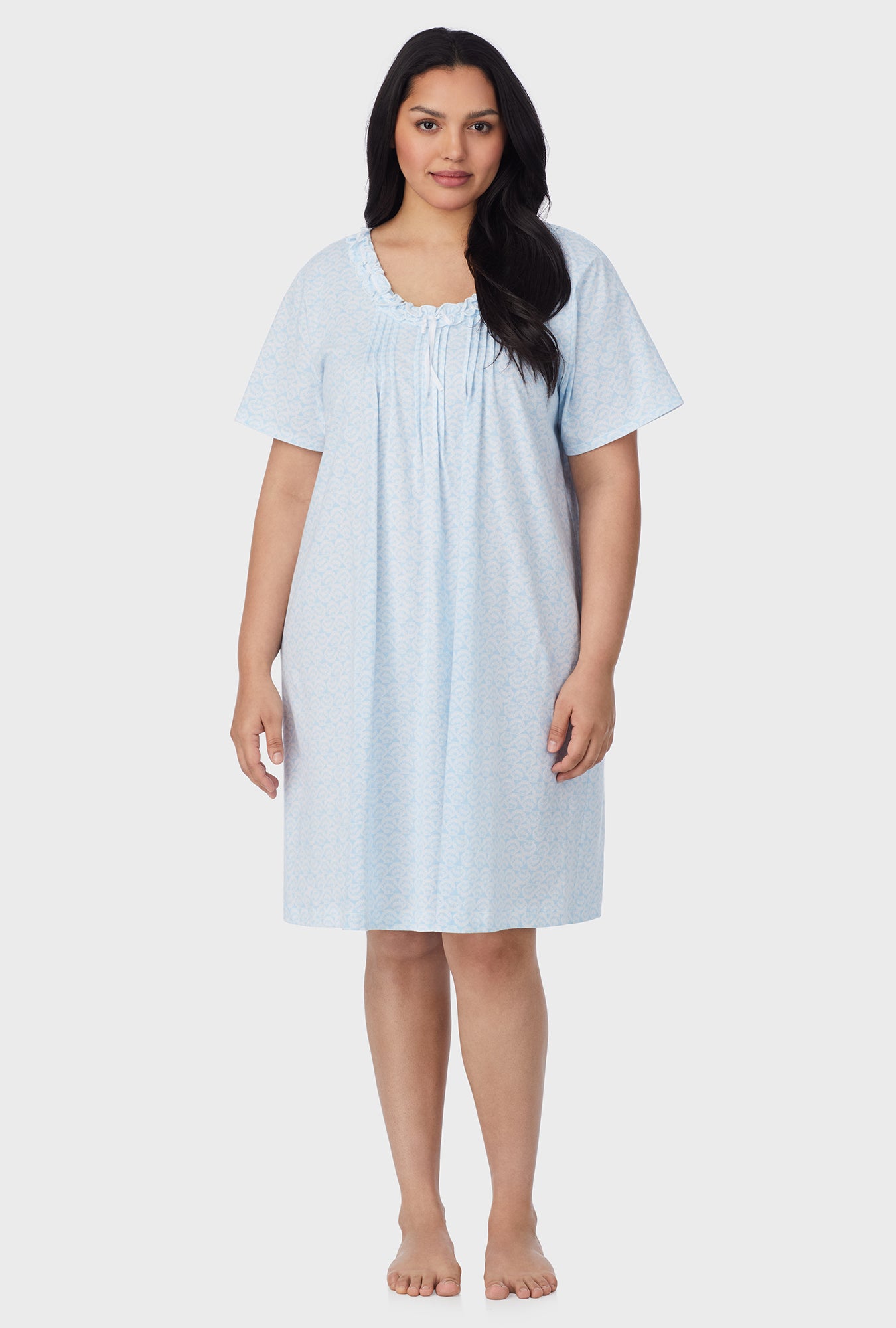A lady wearing Blue Shells Cotton Short plus size Nightgown