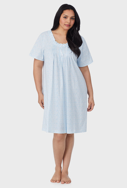 A lady wearing Blue Shells Cotton Short plus size Nightgown