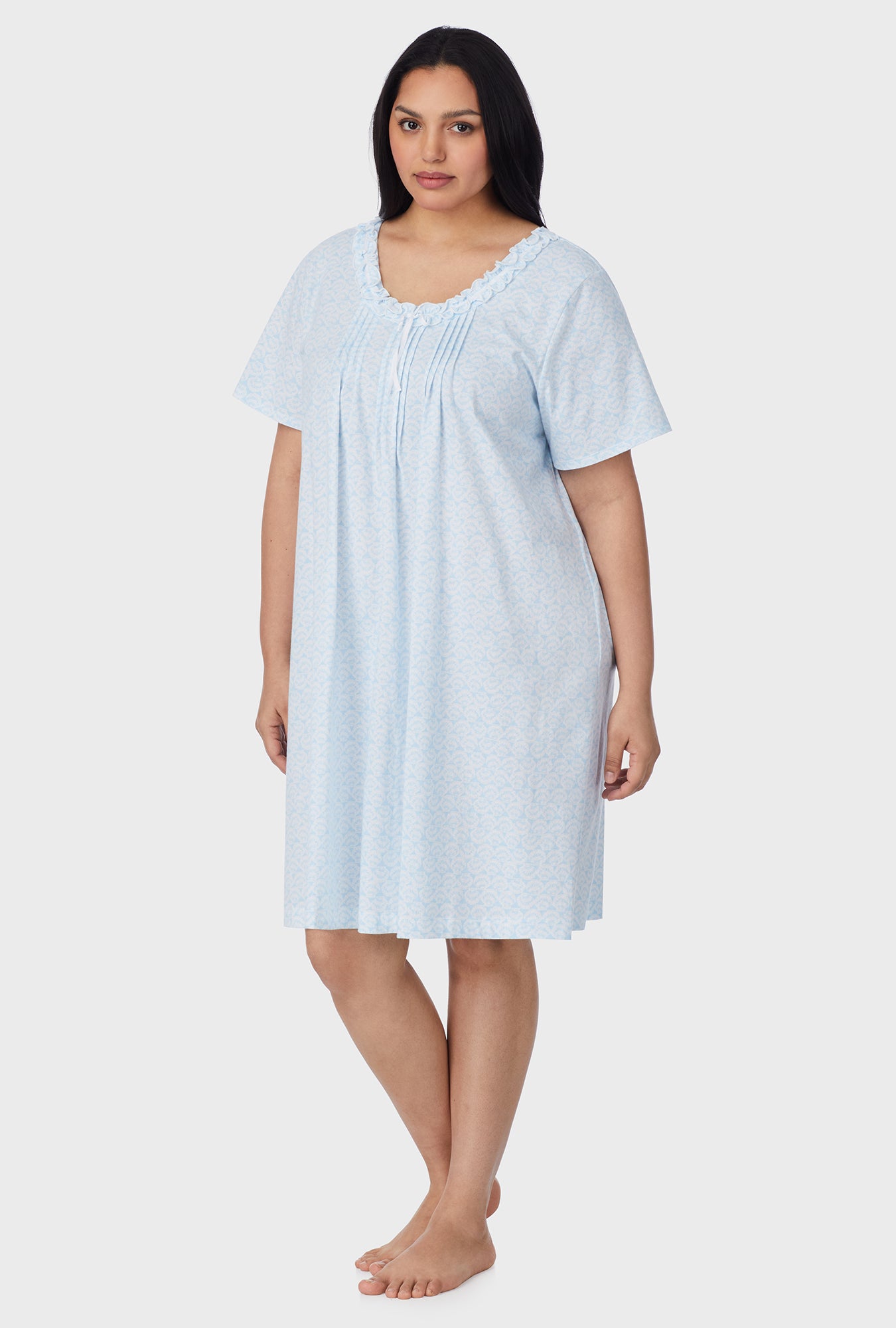 A lady wearing Blue Shells Cotton Short Plus size Nightgown