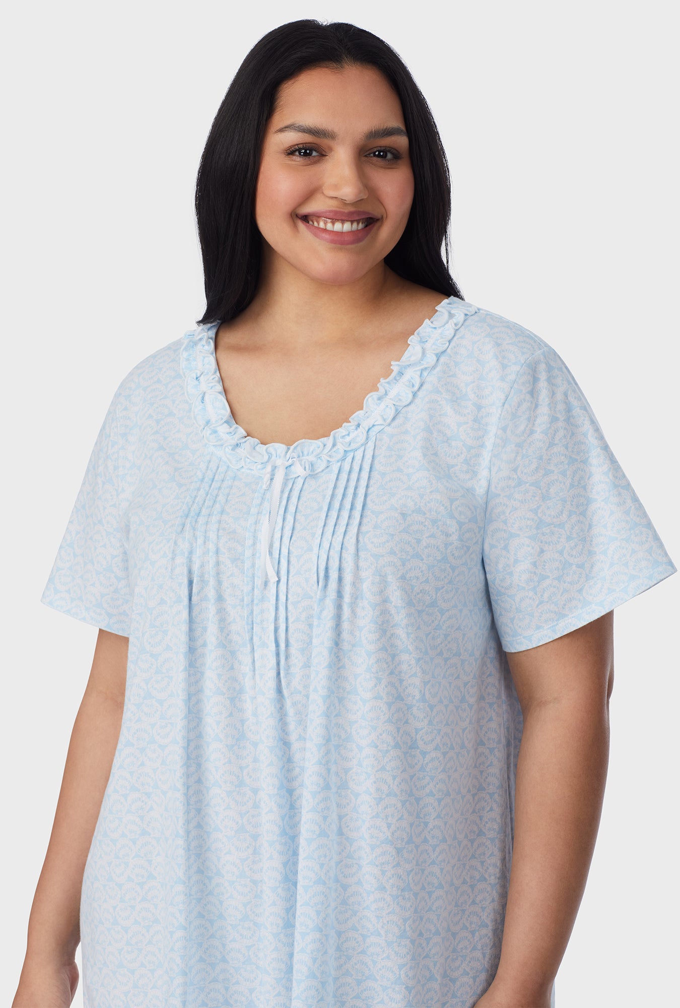 A lady wearing Blue Shells Cotton Short plus size Nightgown