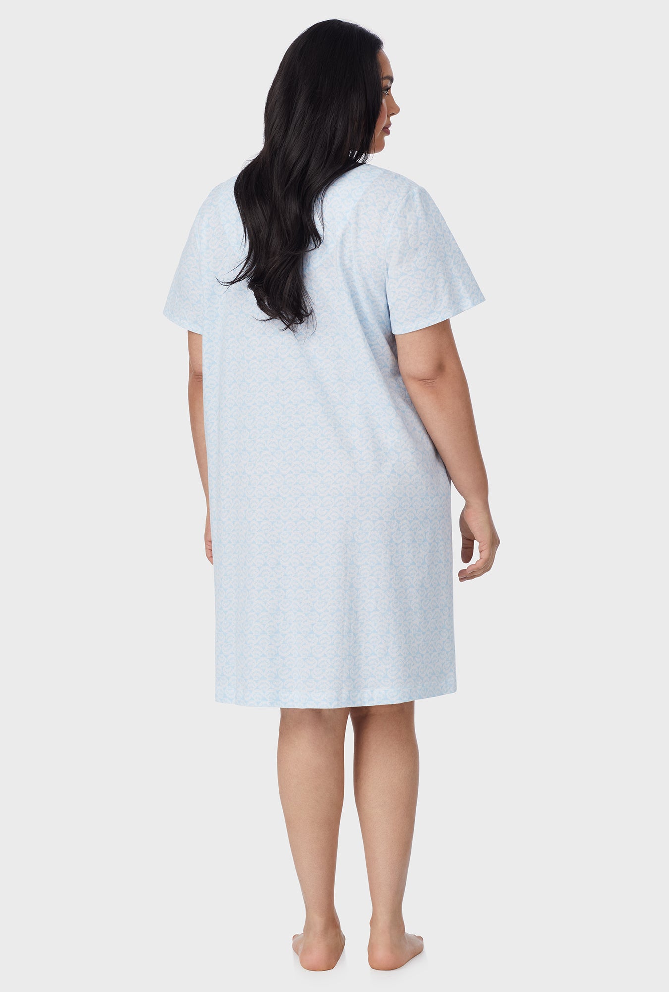 A lady wearing Blue Shells Cotton Short plus size Nightgown