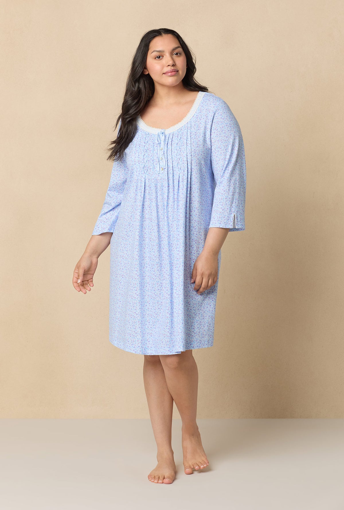 A lady wearing Dreamy Ditsy 3/4 Sleeve Cotton Short Nightgown