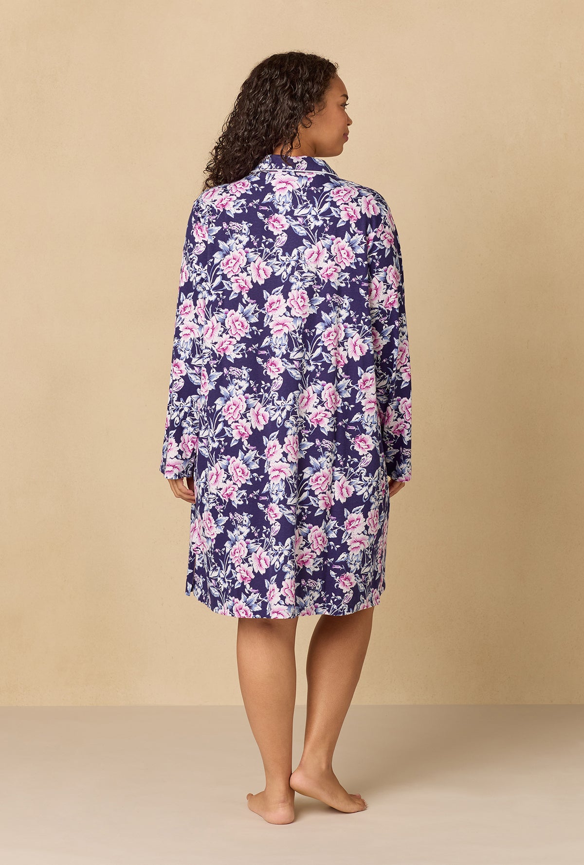 A lady wearing Plus Midnight Garden Short Cotton Knit Nightshirt