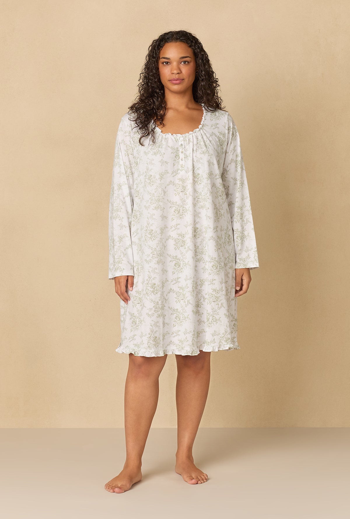 A lady wearing Whispering Rose Toile Short Cotton Knit Nightgown