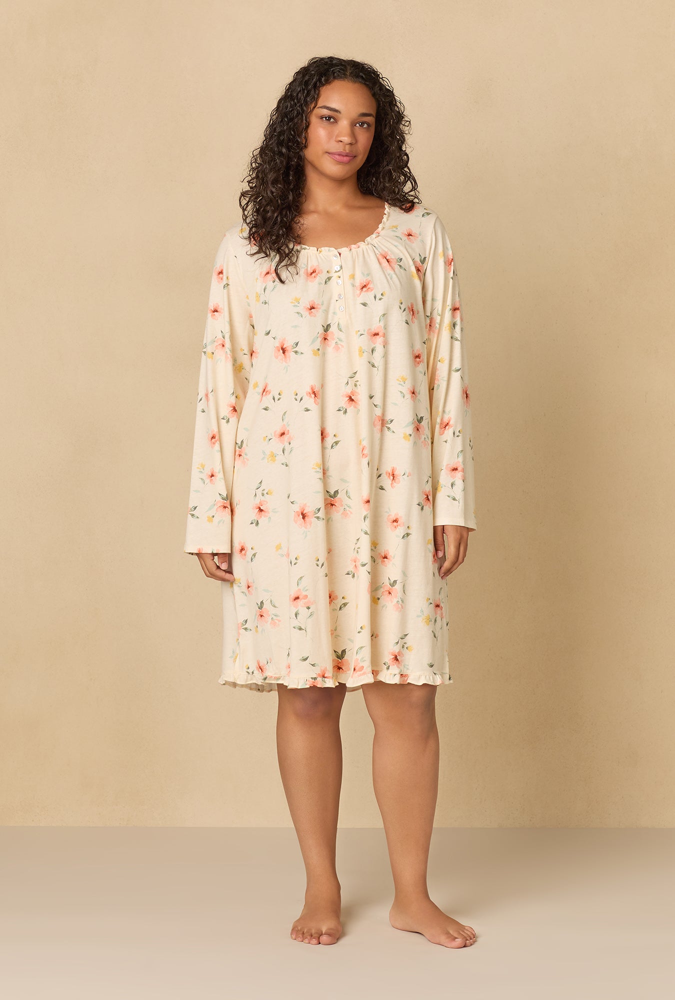 A lady wearing plus Sunlit Meadow Short Cotton Knit Nightgown