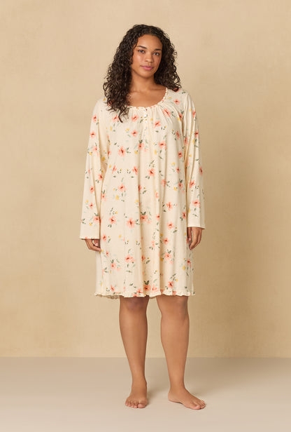 A lady wearing plus Sunlit Meadow Short Cotton Knit Nightgown