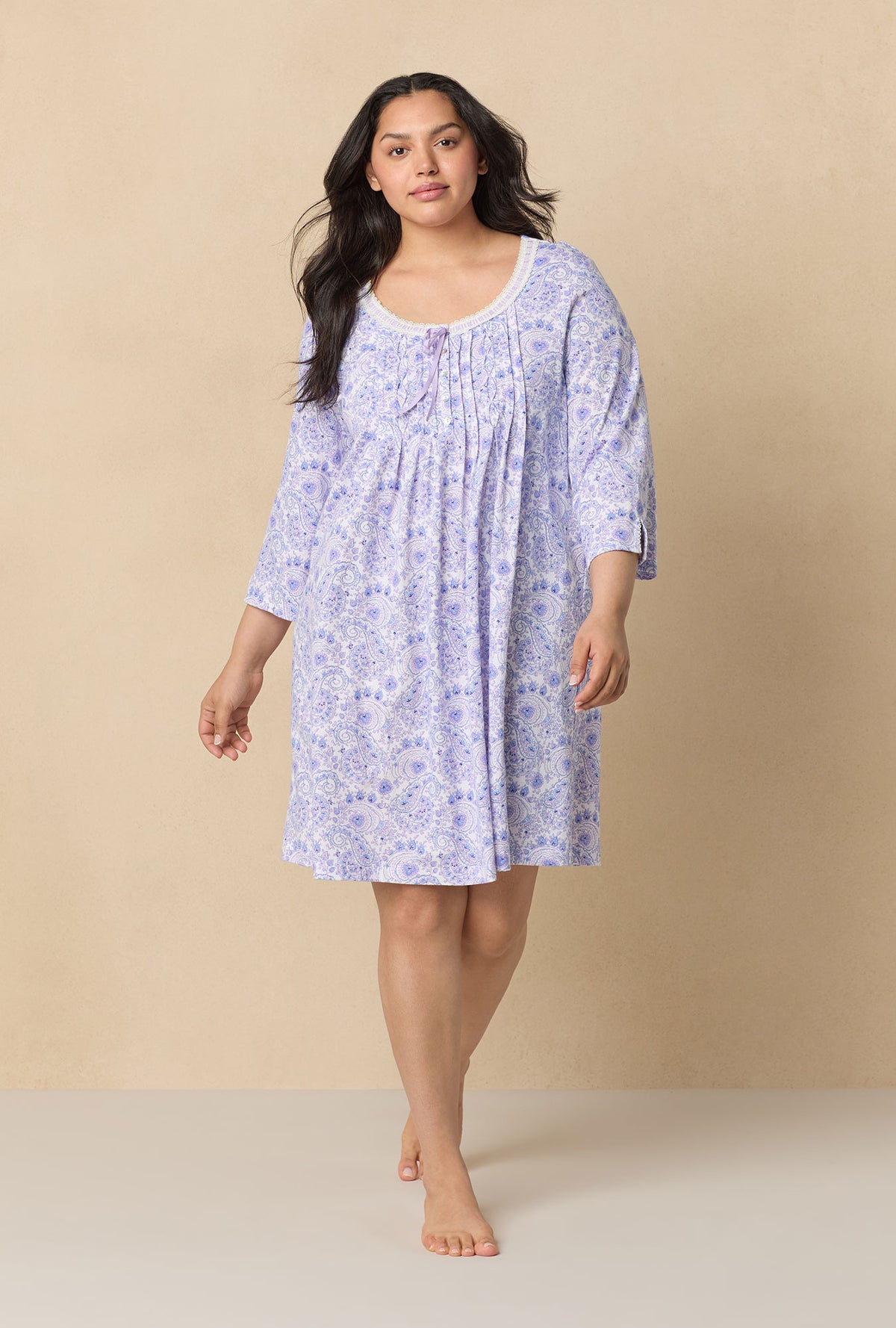A lady wearing Purple Paisley 3/4 Sleeve Cotton Short Nightgown
