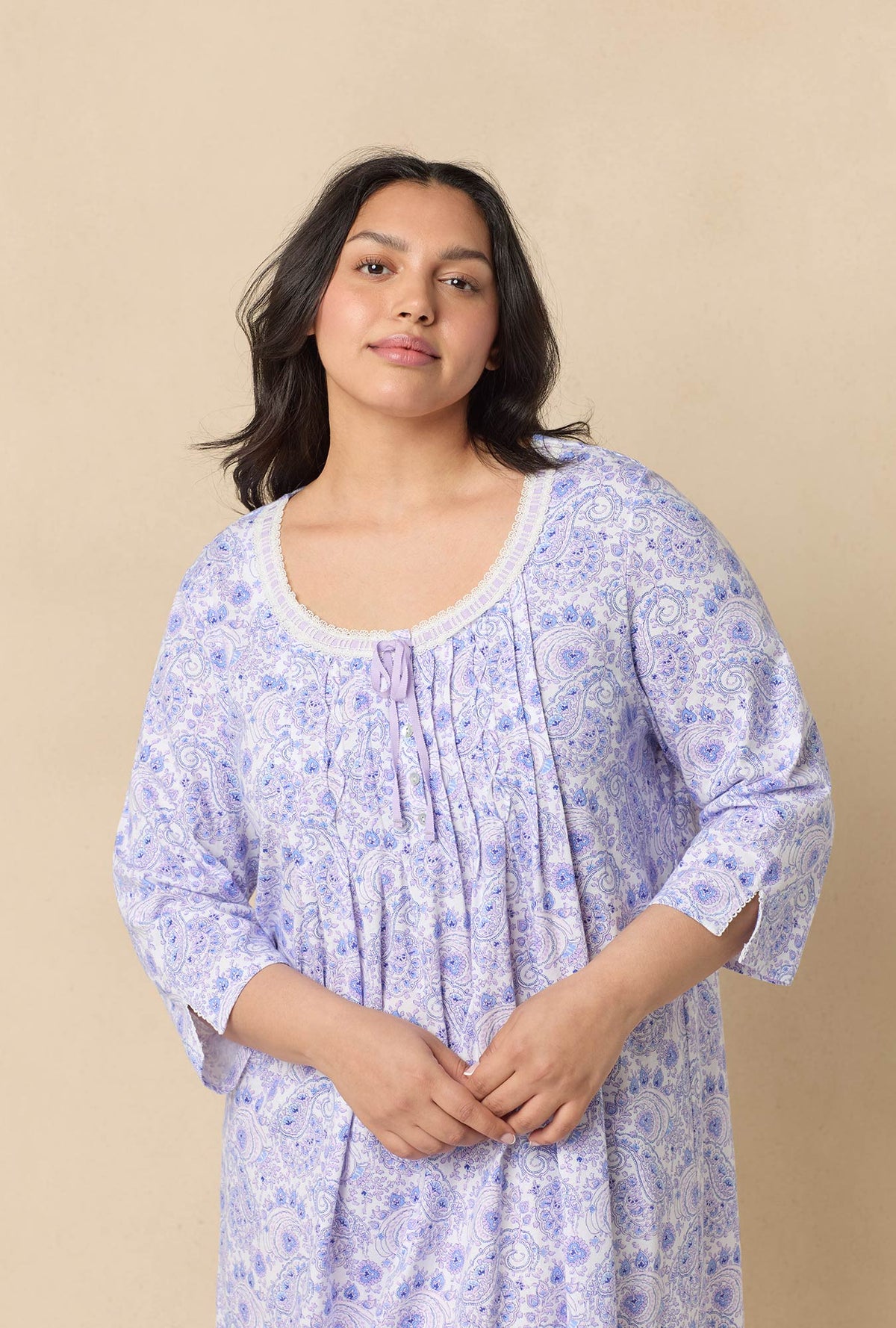 A lady wearing Purple Paisley 3/4 Sleeve Cotton Short Nightgown