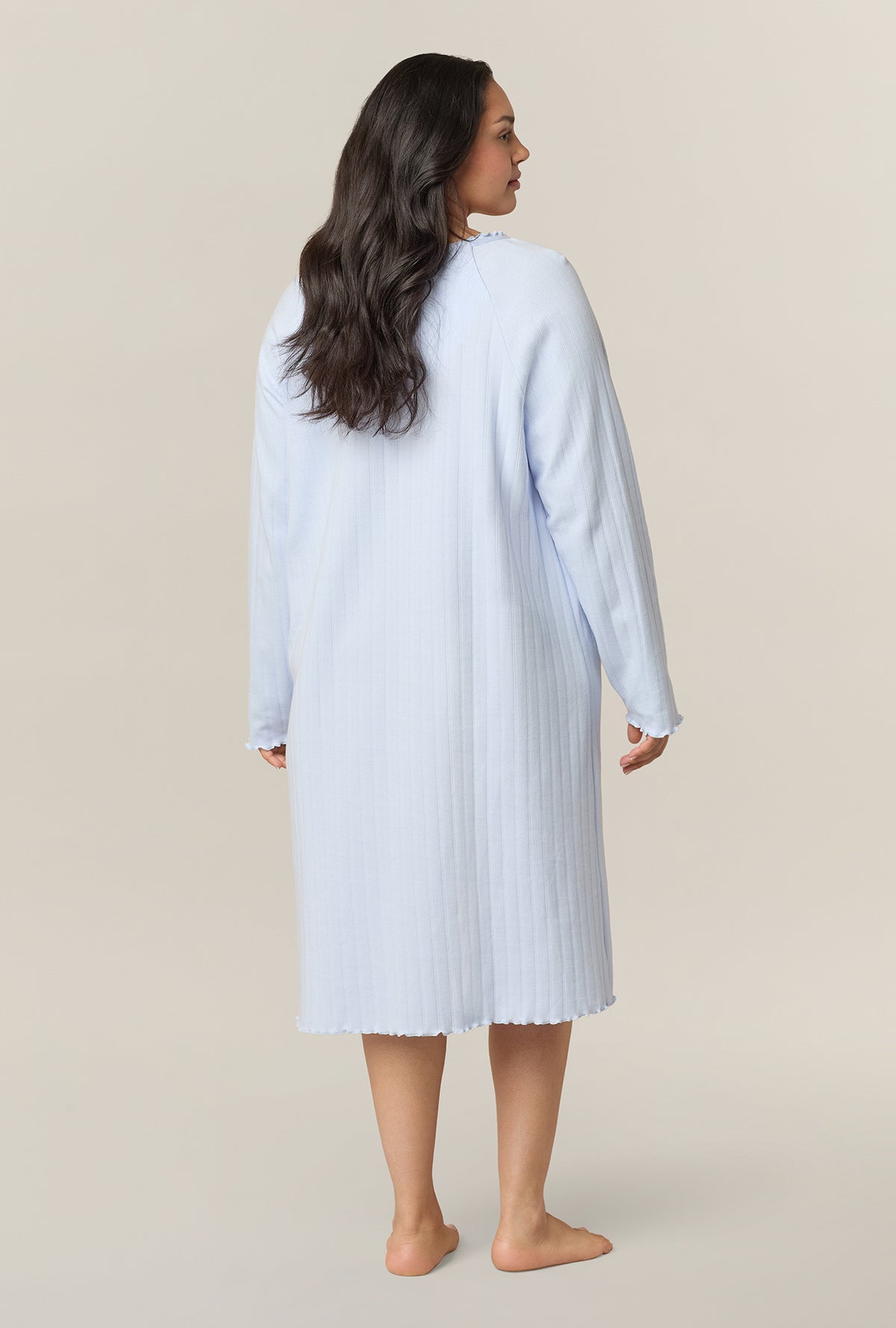 A lady wearing Sweet Blue Cotton Pointelle Waltz plus size Nightgown