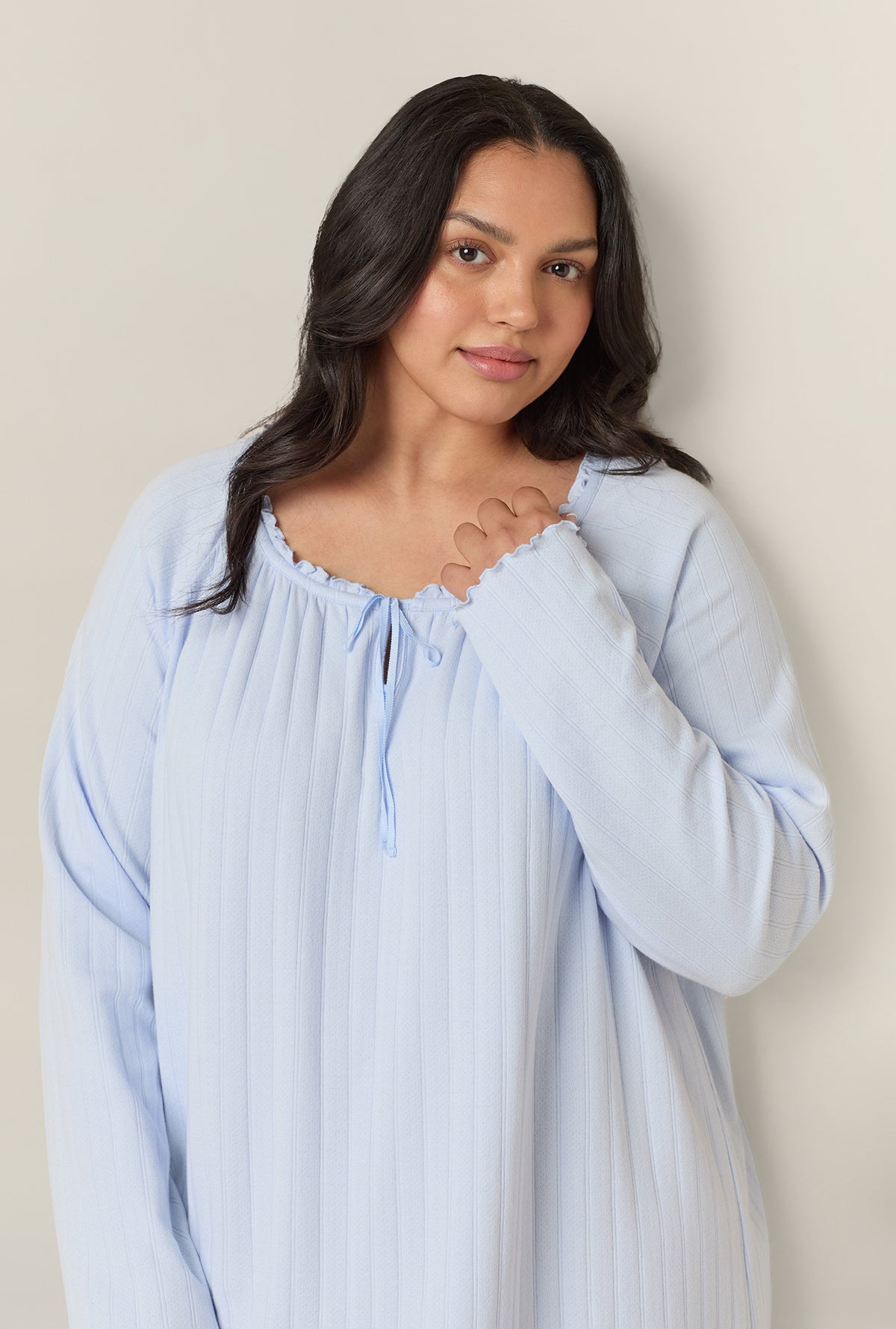 A lady wearing Sweet Blue Cotton Pointelle Waltz plus size Nightgown