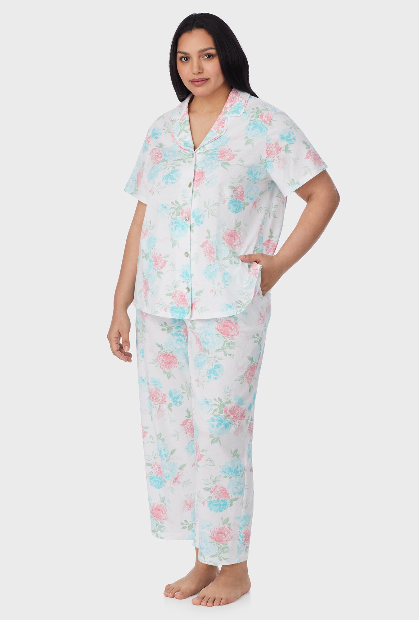 A lady wearing Precious Peony Cotton Capri plus Pajama Set