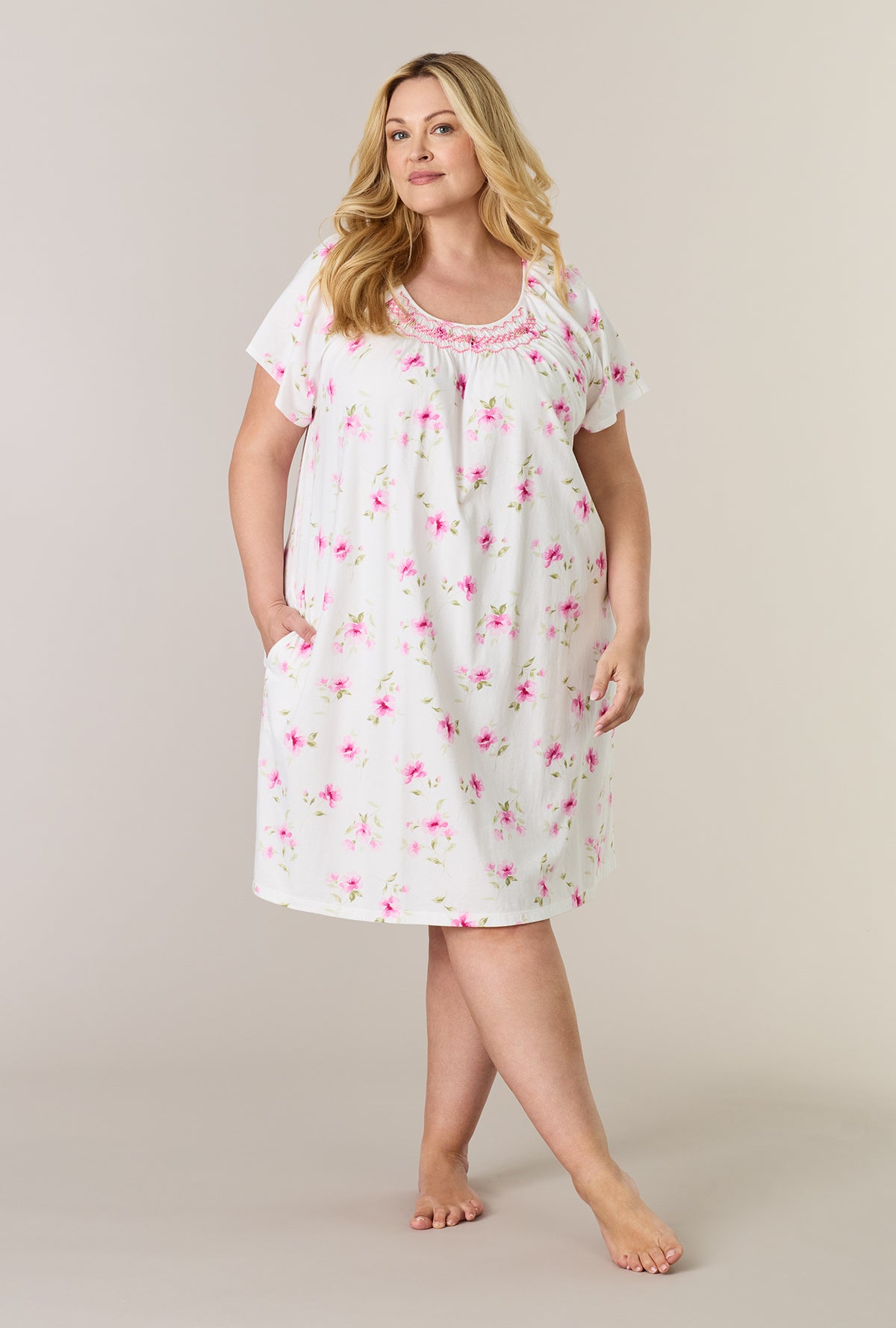 A lady wearing plus size Blush Garden Short Sleeve Cotton Short Nightgown